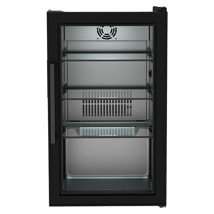 Cozze Elements Kühlschrank - B x T x H: 45 x 43 x 74 cm, Schwarz - Innenansicht eines Getränkekühlers mit Glasböden und Lüftungsgitter. Das Gerät ist schwarz umrandet und scheint leer zu sein.