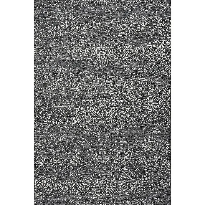 Dekoria Flachgewebeteppich - schwarz, 290 x 200 cm - Dieses Bild zeigt einen gemusterten Teppich in dunklen Farben mit einem eleganten, fast schon floralen Muster, ideal für moderne Wohnräume.