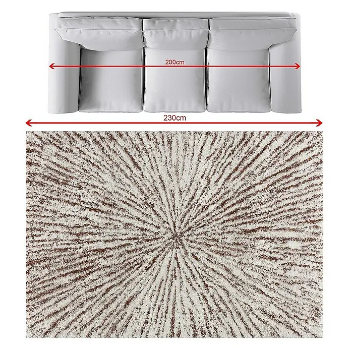Dekoria Flachgewebeteppich - creme, beige, braun - Draufsicht auf ein graues Sofa mit den Maßen 200cm und 230cm, platziert auf einem gemusterten Teppich.