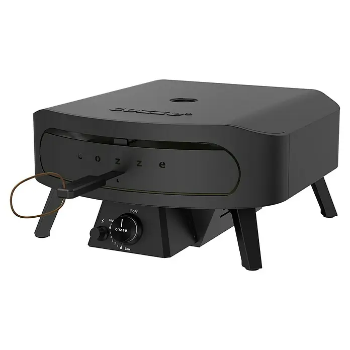 Cozze Pizzaofen Black Edition 17" mit drehbarem Pizzastein - Durchmesser Grillfläche: 43 cm, 8 kW - Die Abbildung zeigt einen Cozze Pizzaofen. Ein kompakter Gasofen für köstliche Pizza im Freien. Ideal für Gartenpartys und mehr!