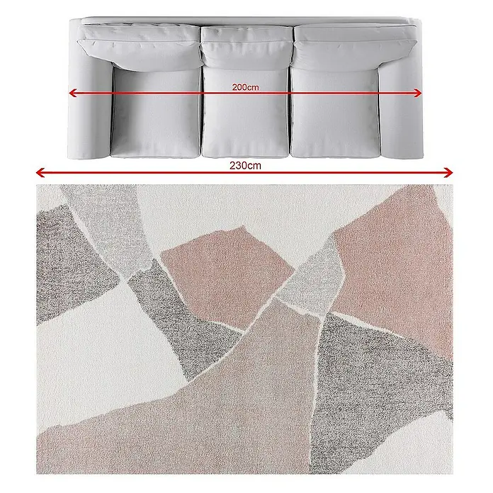 Dekoria Flachgewebeteppich - grau, pink, creme, bunt, 230 x 160 cm - Ansicht von oben eines grauen Sofas mit abstrakten Mustern auf dem Teppich, Größenangaben in cm für Sofa und Teppich.