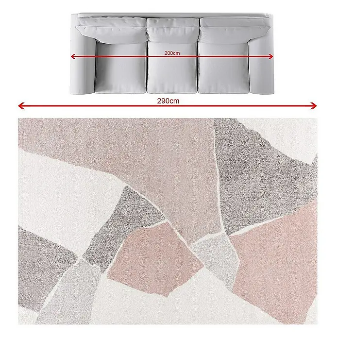 Dekoria Flachgewebeteppich - grau, pink, creme, bunt, 290 x 200 cm - Das Bild zeigt ein Sofa mit den Maßen 200 cm Breite und 290 cm Länge, das auf einem modernen Teppich mit geometrischen Mustern steht.