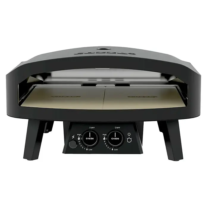 Cozze Pizzaofen Black Edition - Grillfläche (B x T): 60 x 60 cm - Produktansicht des Cozze Pizzaofens mit Bedienelementen und Steinplatten für authentische Pizzaerlebnisse im Freien.