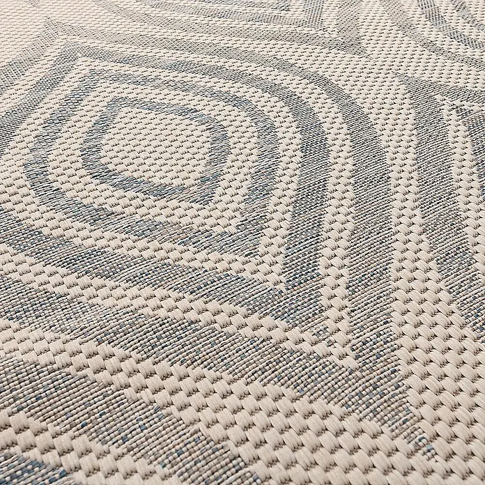 Dekoria Flachgewebeteppich - creme, blau, 290 x 200 cm - Nahaufnahme eines stilvollen Outdoor-Teppichs mit geometrischen Mustern in Beige- und Blautönen, ideal für Terrasse oder Balkon.