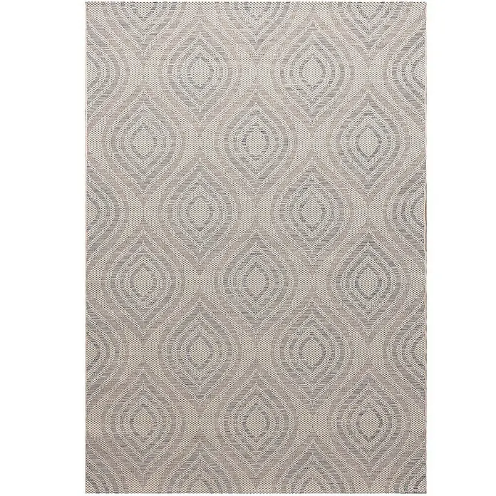 Dekoria Flachgewebeteppich - creme, blau, 290 x 200 cm - Nahaufnahme eines gemusterten Teppichs mit einem sich wiederholenden Rautenmuster in Grau und Beige. Das Muster ist detailliert und auffällig.