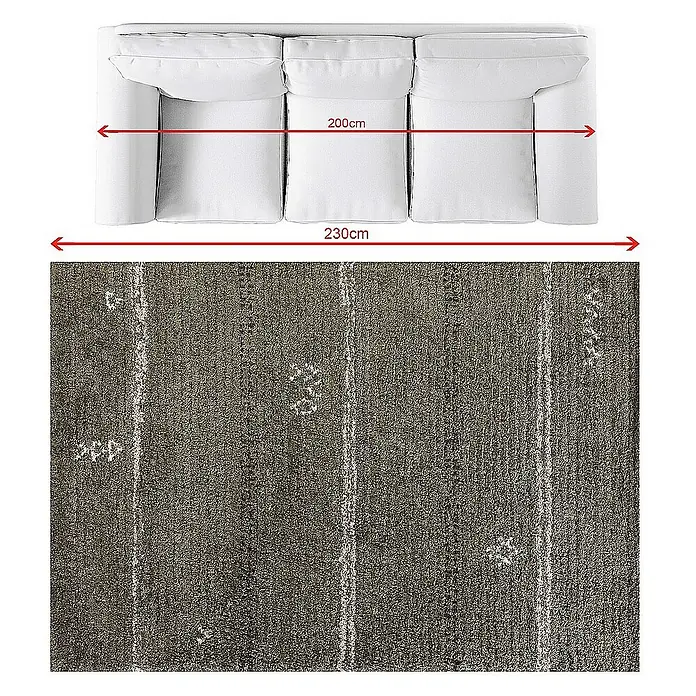 Dekoria Flachgewebeteppich - grün, 230 x 160 cm - Draufsicht eines weißen Sofas mit den Maßen 200 cm für die Sitzfläche und 230 cm für die Gesamtbreite über einem grauen Teppich.