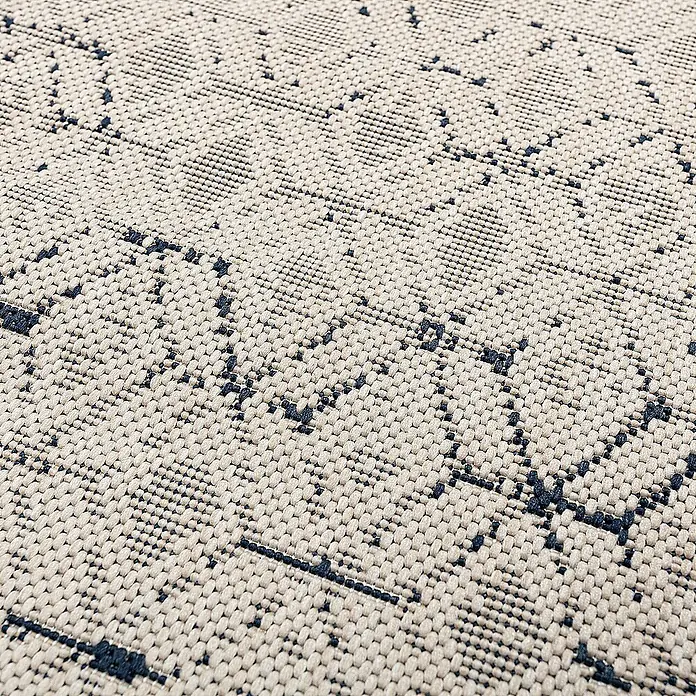 Dekoria Flachgewebeteppich - dunkelblau, creme, 230 x 160 cm - Nahaufnahme eines strukturierten Teppichs mit geometrischem Muster in Beige und Dunkelblau. Ein modernes und stilvolles Dekorationselement.