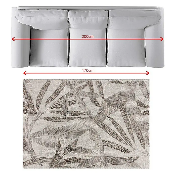 Dekoria Flachgewebeteppich - beige, braun, bunt - Sofa mit floralem Teppich. Die Abmessungen des Sofas betragen 200cm und 170cm, passend zum gemusterten Teppich.
