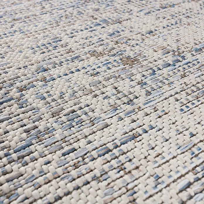 Dekoria Flachgewebeteppich - grau, blau, braun, 230 x 160 cm - Detailansicht eines gewebten Teppichs mit blauen und cremefarbenen Akzenten, der eine robuste Textur und ein ansprechendes Muster zeigt.