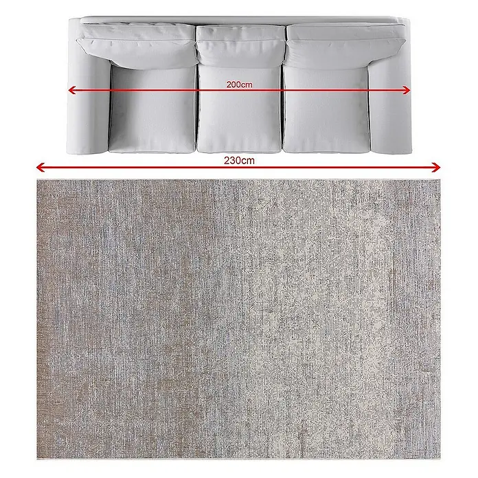 Dekoria Flachgewebeteppich - grau, blau, braun, 230 x 160 cm - Ansicht von oben: Ein grauer Teppich liegt vor einem weißen Sofa, das 230cm breit ist. Die Sitzfläche des Sofas misst 200cm.