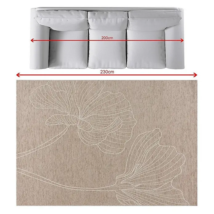 Dekoria Flachgewebeteppich - creme, beige - Detailaufnahme eines beigen Teppichs mit Blumenmuster, platziert unter einem grauen Sofa, mit den Maßen 200cm und 230cm.