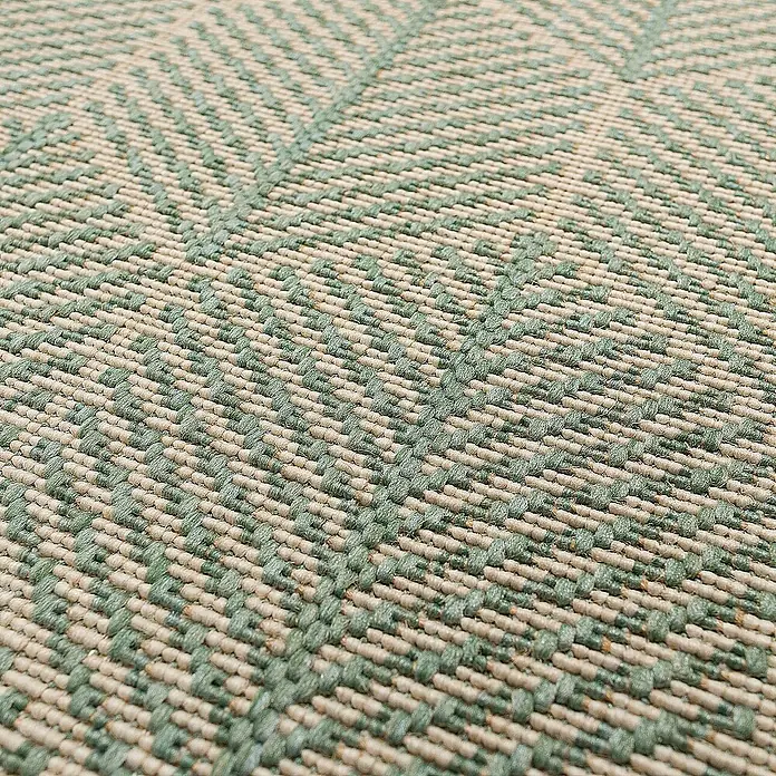Dekoria Flachgewebeteppich - grün, 170 x 120 cm - Detailaufnahme eines grün-beigen Teppichs mit Fischgrätenmuster, der eine natürliche und stilvolle Note vermittelt.