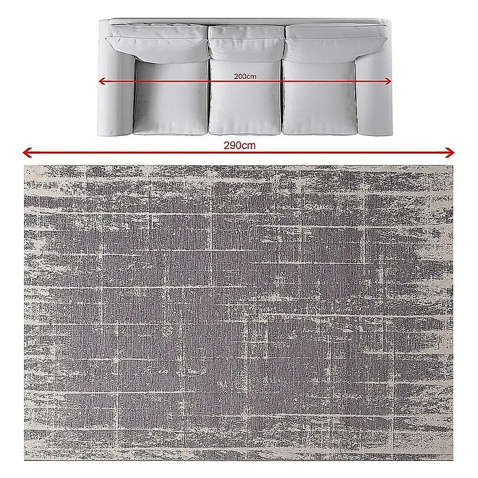 Dekoria Flachgewebeteppich - grau, 290 x 200 cm - Bild eines grauen Sofas und eines darunter liegenden Teppichs mit den Maßen 200cm und 290cm.