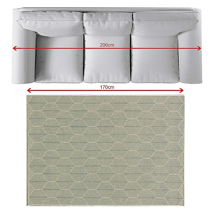 Dekoria Flachgewebeteppich - grün, 170 x 120 cm - Sofa und Teppich mit geometrischem Muster. Das Sofa ist 200 cm breit, der Teppich 170 cm.