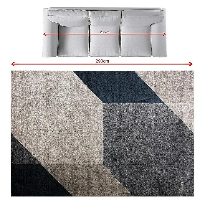 Dekoria Flachgewebeteppich - grau, dunkelblau, 290 x 200 cm - Das Bild zeigt ein graues Sofa mit den Maßen 200 cm Breite und eine Teppich darunter mit 290 cm Breite mit einem geometrischen Muster.
