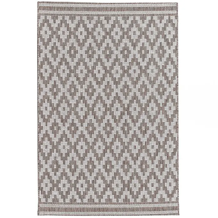 Dekoria Flachgewebeteppich - creme, beige, braun, 230 x 160 cm - Bild eines rechteckigen Teppichs mit einem geometrischen Rautenmuster in Grau- und Brauntönen. Der Teppich hat an den Enden Bordüren.