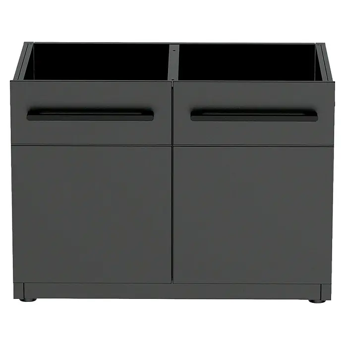 Cozze Elements Outdoorküchen-Modul Seitenschrank - Schwarz, B x T x H: 90 x 60 x 66,5 cm, Stahl - Bild eines schwarzen Unterschranks mit zwei Schubladen und Griffen, ideal für die Küche oder das Badezimmer.