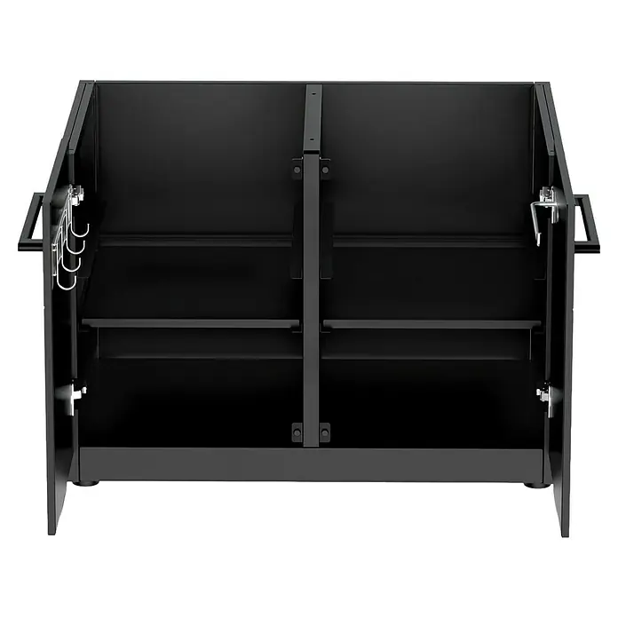 Cozze Elements Outdoorküchen-Modul Seitenschrank - Schwarz, B x T x H: 90 x 60 x 66,5 cm, Stahl - Innenansicht des schwarzen, pulverbeschichteten Grillschranks mit Regalen und Haken für Grillzubehör.