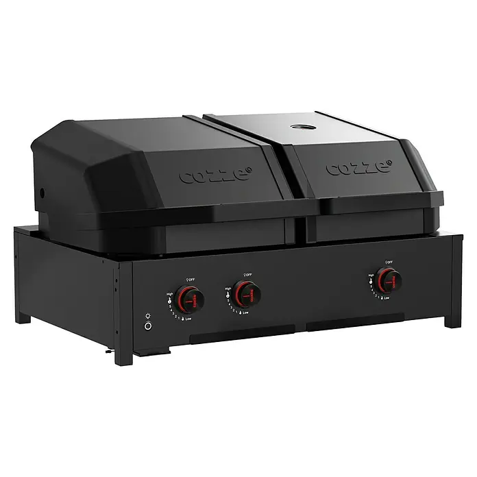 Cozze Hybrid-Grill Quattro 900 - Grillfläche (B x T): 72,7 x 34,5 cm, 13 kW, Anzahl Brenner: 3 Stk. - Produktansicht des Cozze Gasgrills mit zwei Brennern, ideal für Pizza und mehr. Mit präzisen Reglern für perfekte Hitze.