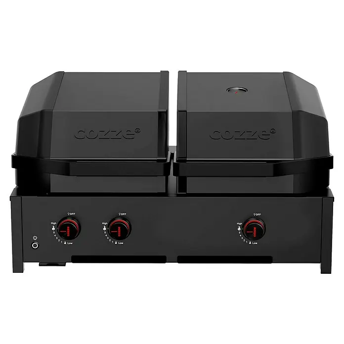 Cozze Hybrid-Grill Quattro 900 - Grillfläche (B x T): 72,7 x 34,5 cm, 13 kW, Anzahl Brenner: 3 Stk. - Doppelter Pizzaofen Cozze mit Bedienelementen für Temperaturregelung und An/Aus-Schalter.