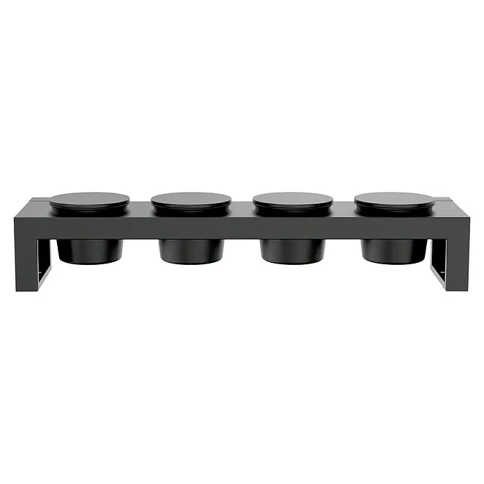 Cozze Toppingstation - Stahl, B x T x H: 60 x 13 x 10 cm - Elegantes schwarzes Gewürzregal mit vier Behältern und minimalistischem Design für die moderne Küche. Perfekt für stilvolle Aufbewahrung.