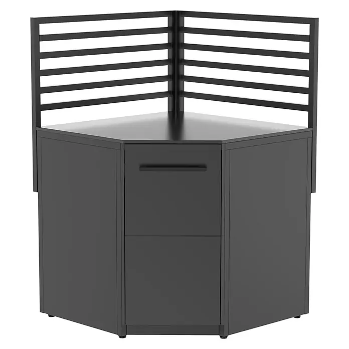 Cozze Elements Rückwand Outdoorküche - B x H: 90 x 75 cm, Passend für: Cozze Elements Grillküchenmodul Eckschrank, Schwarz - Dieser moderne Eckschreibtisch in dunkler Farbe bietet praktische Schubladen und einen stilvollen Aufsatz mit horizontalen Lamellen. Ideal für das Büro.