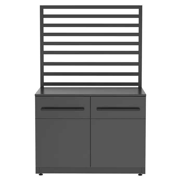 Cozze Elements Rückwand - B x H: 90 x 97 cm, Passend für: Cozze Elements Grillküchenmodul, Schwarz - Diese Aufnahme zeigt ein graues Sideboard mit Schubladen und einem Lattenrostaufsatz, perfekt für stilvolle Aufbewahrungslösungen.