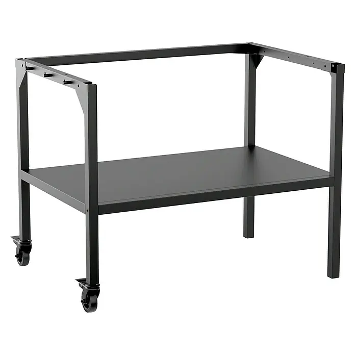 Cozze Grilltisch - B x T x H: 90 x 60 x 71 cm, Stahl, Passend für: Cozze Grills der 900er Serie - Abbildung eines schwarzen Küchenwagens mit zwei Ablagen und Rollen. Ideal für den Transport von Küchenutensilien und zum Servieren.