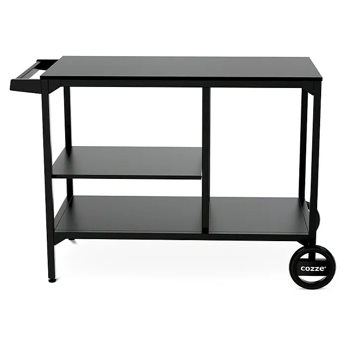 Cozze Elements Beistelltisch - Schwarz, B x T x H: 115 x 60 x 90 cm - Abbildung eines schwarzen Servierwagens mit zwei Regalen unter der Tischplatte und Rädern.