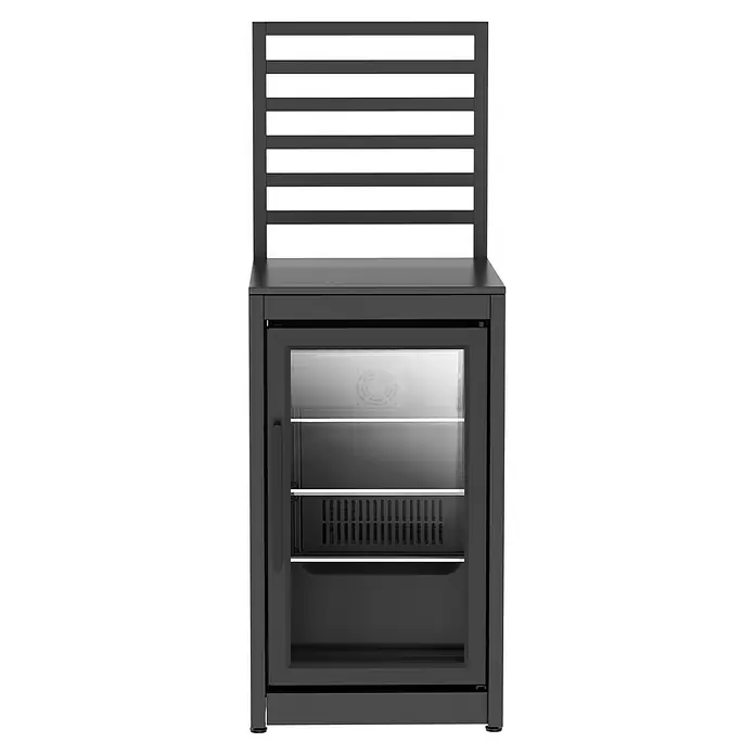 Cozze Elements Rückwand - B x H: 52 x 75 cm, Passend für: Cozze Elements Grillküchenmodul, Schwarz - Ein moderner Getränkekühlschrank mit Glasfront und Lamellenstruktur oben, ideal für stilvolle Getränkepräsentation und Lagerung.