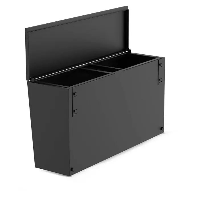 Cozze Elements Mülleimer - H x B x T: 32 x 60 x 18,5 cm, Schwarz - Schwarzer, offener Abfallbehälter mit zwei Fächern und einem Deckel, der einen praktischen und stilvollen Abfallcontainer präsentiert.