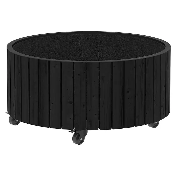 Plus Pflanzkasten Circle - Außenmaß (Ø x H): 70 x 35 cm, Holz, Schwarz - Abbildung eines runden, schwarzen Pflanzgefäßes aus Holzlatten mit Rollen, das für den Innen- oder Außenbereich geeignet ist, zur Dekoration.