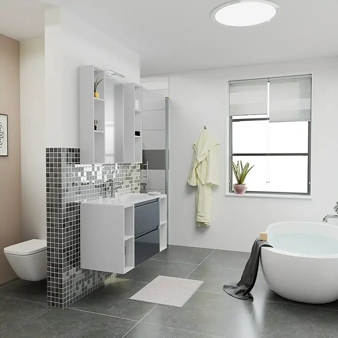 Camargue Espacio Badmöbel-Set i75 - 100 cm, Gama anthrazit glänzend - Ein Badezimmer mit einem modernen Waschtisch, einer freistehenden Badewanne und stilvollen Fliesen, die eine elegante und entspannende Atmosphäre schaffen.