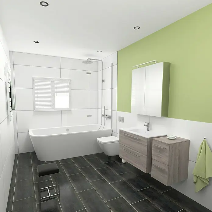 Camargue Espacio Badmöbel-Set J17 - 110 cm, Faro - Modernes Badezimmer mit Badewanne, Waschtisch und grüner Akzentwand. Die dunklen Bodenfliesen bilden einen schönen Kontrast zu den weißen Wänden.