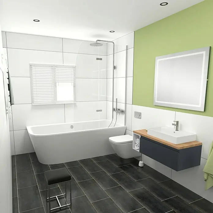 Camargue Espacio Badmöbel-Set i114 - 100 cm, Gama anthrazit matt - Modernes Badezimmer mit Badewanne, Waschtisch und Dusche, kombiniert mit stilvollen schwarzen Fliesen und grüner Wandfarbe für eine frische Atmosphäre.
