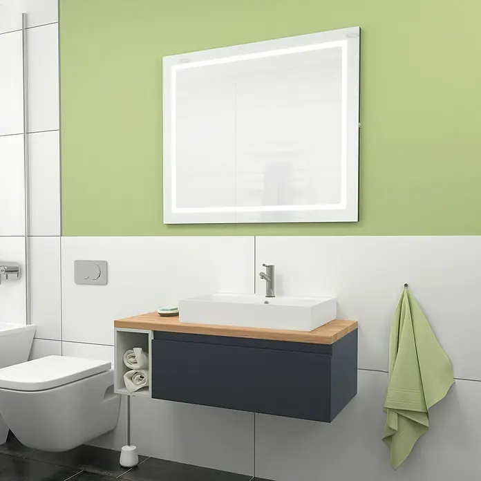 Camargue Espacio Badmöbel-Set i114 - 100 cm, Gama anthrazit matt - Ein modernes Badezimmer-Interieur mit einem beleuchteten Spiegel, einem stilvollen Waschtisch und einer hängenden Toilette für eine elegante Atmosphäre.