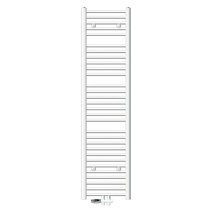 LuxeBath Badheizkörper Handtuchwärmer Mittelanschluss gebogen mit Boden Thermostatventil - B x H: 40 x 180 cm, Weiß - Ein weißer Handtuchwärmer mit horizontalen Stangen und seitlichen vertikalen Stützen, ideal für Badezimmer.