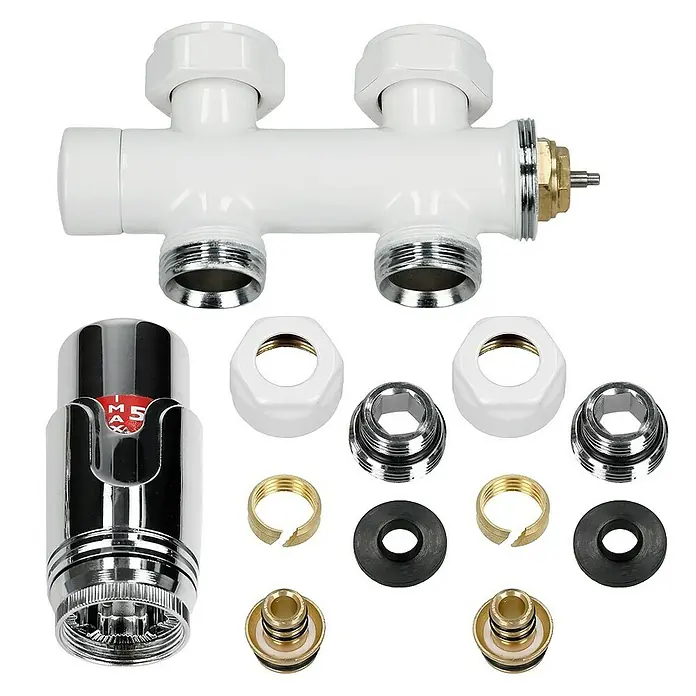 LuxeBath Badheizkörper Handtuchwärmer Mittelanschluss gebogen mit Boden Thermostatventil - B x H: 40 x 180 cm, Weiß - Abgebildet ist ein Heizkörperthermostat-Set, bestehend aus einem Thermostatkopf, einem Ventil und diversem Zubehör für die Installation.