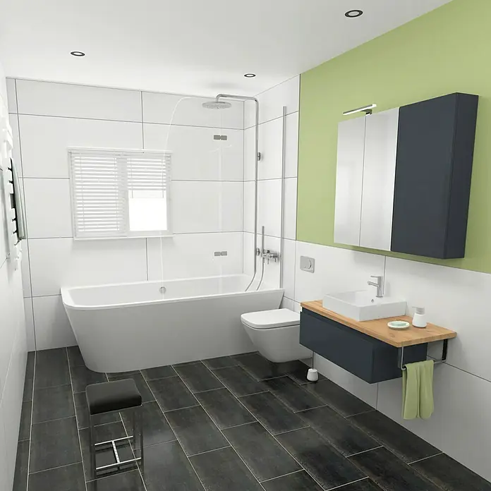 Camargue Espacio Badmöbel-Set i135 - 100 cm, Gama anthrazit glänzend - Elegantes Badezimmerdesign mit Badewanne, Waschtisch und Spiegel. Das moderne Interieur zeichnet sich durch klare Linien und eine helle Farbpalette aus.