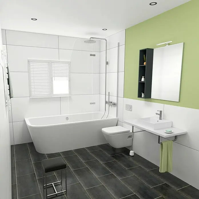 Camargue Espacio Modulregal20 x 17 x 90 cm, Anthrazit - Helles Badezimmer mit Badewanne, Toilette, Waschbecken und Spiegel. Das schlichte Design mit grünen Akzenten schafft eine freundliche Atmosphäre.