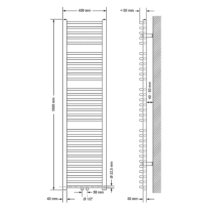LuxeBath Badheizkörper Design Handtuchheizkörper Handtuchwärmer Mittelanschluss gebogen 580 W - B x H: 40 x 180 cm, Weiß - Abbildung eines Heizkörpers mit den Maßen 1800 mm Höhe, 400 mm Breite und 50 mm Tiefe. Der Durchmesser beträgt 22,5 mm.