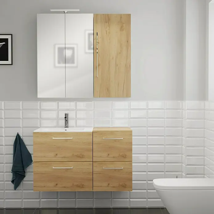 Camargue Espacio Badmöbel-Set i86 - 100 cm, Doce - Badezimmermöbel-Set mit Waschtischunterschrank in Holzoptik, Aufsatzwaschbecken und Spiegelschrank für ein modernes Badambiente.