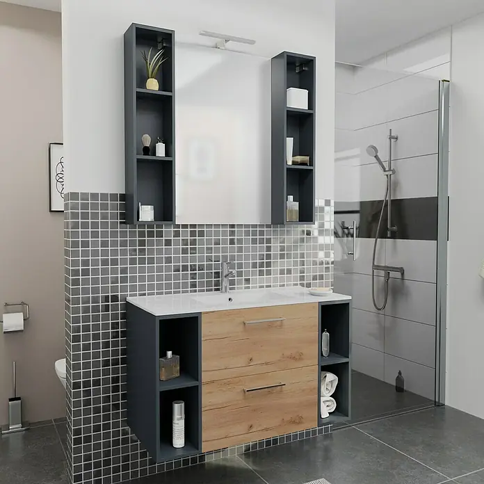 Camargue Espacio Badmöbel-Set i76 - 100 cm, Doce - Modernes Badezimmer-Waschbeckenmöbel mit Holzfronten und grauen Regalen. Ein stilvoller Hingucker für jedes Bad, der Stauraum und Design vereint.