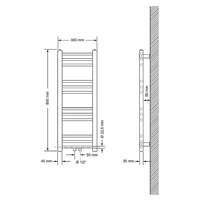 LuxeBath Badheizkörper Handtuchwärmer Mittelanschluss gerade mit Universal Thermostatventil - B x H: 30 x 80 cm, Anthrazit - Technische Zeichnung eines Handtuchwärmers mit Maßangaben zu Höhe (800 mm), Breite (300 mm) und Wandabstand (30 mm).