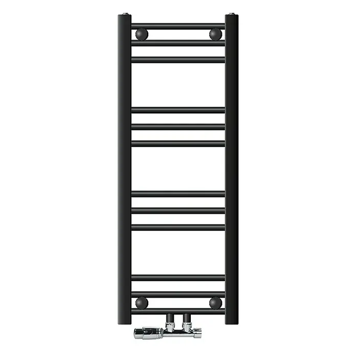 LuxeBath Badheizkörper Handtuchwärmer Mittelanschluss gerade mit Eckform Thermostatventil - B x H: 30 x 80 cm, Anthrazit - Ein schwarzer Handtuchwärmer mit mehreren horizontalen Stangen und einem Thermostatventil im unteren Bereich. Er bietet eine effiziente Heizlösung.