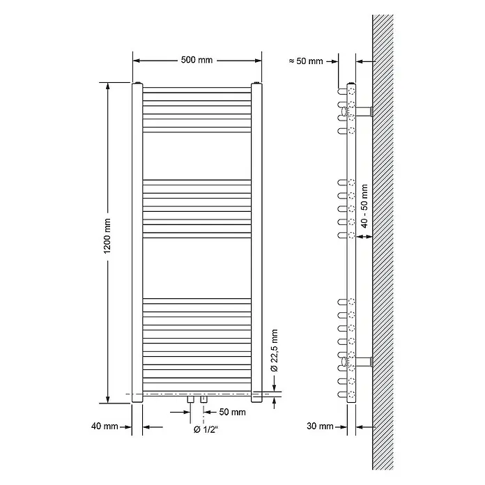 LuxeBath Badheizkörper Design Handtuchheizkörper Handtuchwärmer Mittelanschluss gebogen 420 W - B x H: 50 x 120 cm, Weiß - Technische Zeichnung eines Heizkörpers mit Maßangaben, einschließlich Höhe, Breite und Rohrdurchmesser für Installationsdetails.