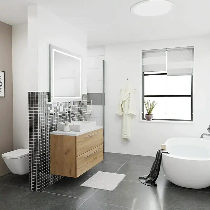 Camargue Espacio Waschtischunterschrank - 100 x 46 x 60 cm, 2 Schubkästen, Doce - Moderne Badezimmeransicht mit Waschtischunterschrank in Holzoptik, großem Spiegel und freistehender Badewanne. Helles, freundliches Design.