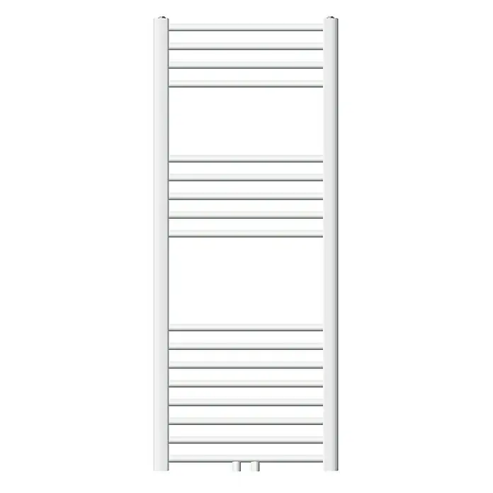 LuxeBath Badheizkörper Design Handtuchheizkörper Handtuchwärmer Mittelanschluss gebogen 420 W - B x H: 50 x 120 cm, Weiß - Weißer Handtuchwärmer mit mehreren horizontalen Stangen und zwei vertikalen Stützen, ideal für Badezimmer.