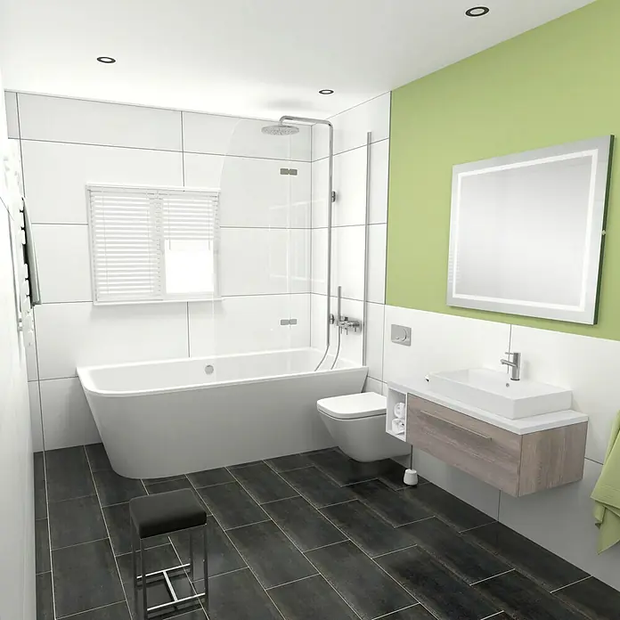 Camargue Espacio Badmöbel-Set i117 - 100 cm, Faro - Ein stilvolles Badezimmer mit einer modernen Badewanne, einer eleganten Waschtischkombination und dunklen Bodenfliesen für einen luxuriösen Look.