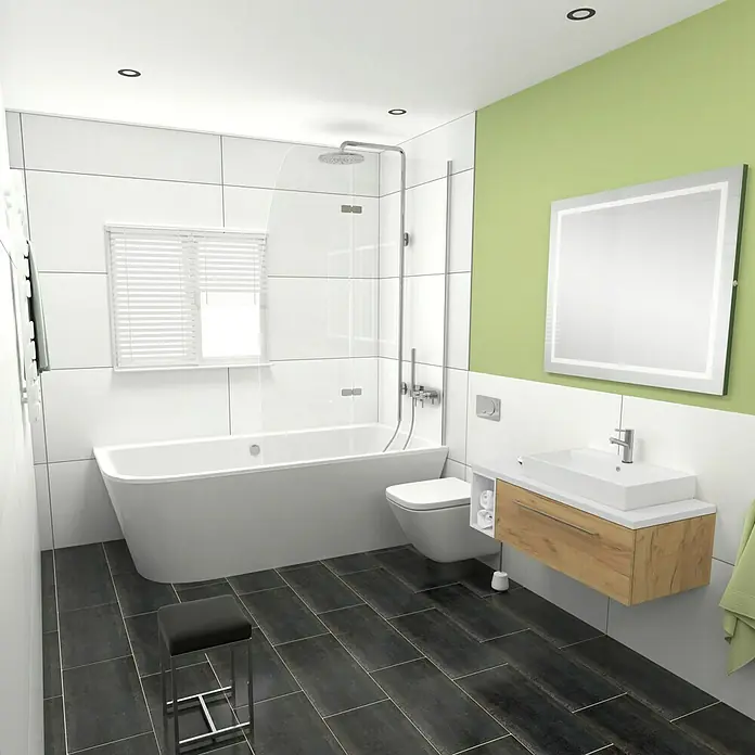Camargue Espacio Badmöbel-Set i116 - 100 cm, Doce - Modernes Badezimmer mit Badewanne, WC, Waschtisch mit Holzunterschrank und einem beleuchteten Spiegel, der für eine angenehme Atmosphäre sorgt.